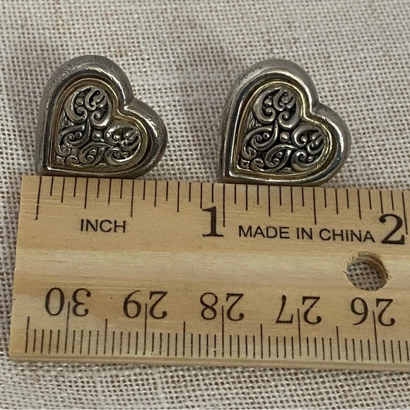 Silver Heart shape Earrings ornate Brighton Swirl pierced earrings gold puffy - Picture 9 of 15